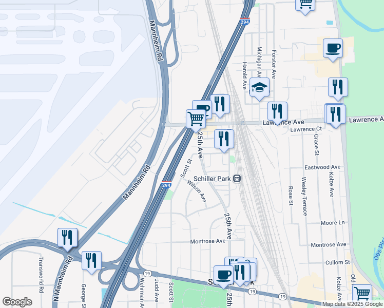 map of restaurants, bars, coffee shops, grocery stores, and more near 9950 Leland Avenue in Schiller Park