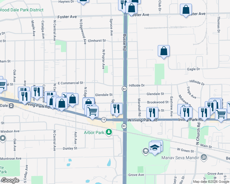map of restaurants, bars, coffee shops, grocery stores, and more near 1210 Hillside Drive in Bensenville
