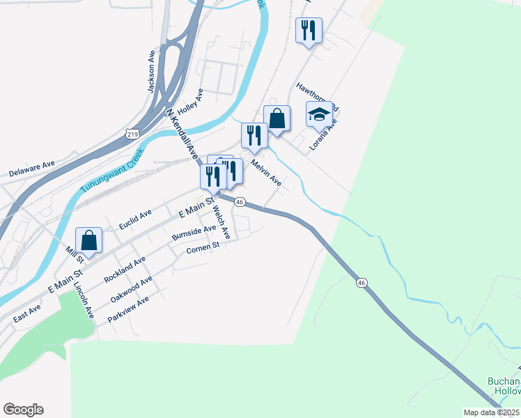 map of restaurants, bars, coffee shops, grocery stores, and more near 53 S Kendall Ave in Bradford