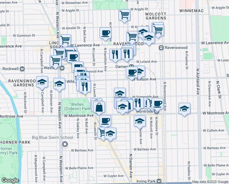 map of restaurants, bars, coffee shops, grocery stores, and more near 4516 North Seeley Avenue in Chicago