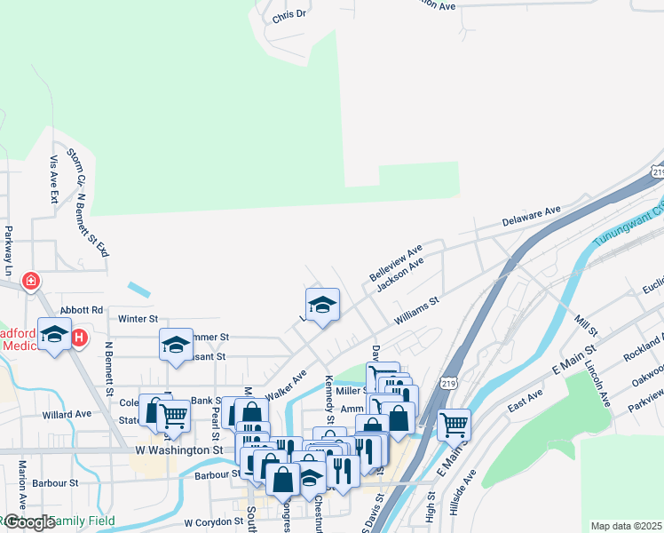 map of restaurants, bars, coffee shops, grocery stores, and more near 59 Petrolia St in Bradford