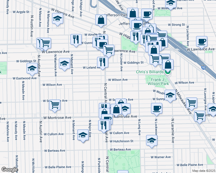 map of restaurants, bars, coffee shops, grocery stores, and more near 4549 North Central Avenue in Chicago
