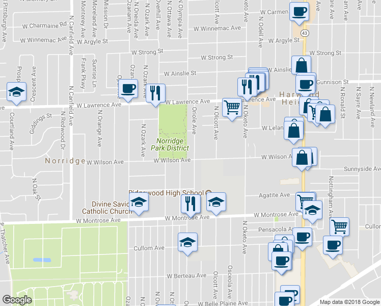 map of restaurants, bars, coffee shops, grocery stores, and more near 4608 North Oriole Avenue in Norridge