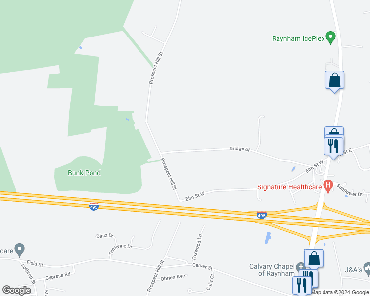 map of restaurants, bars, coffee shops, grocery stores, and more near 42 Bridge Street in Raynham