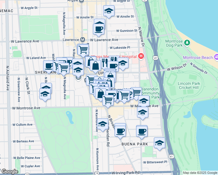 map of restaurants, bars, coffee shops, grocery stores, and more near 4513 North Sheridan Road in Chicago
