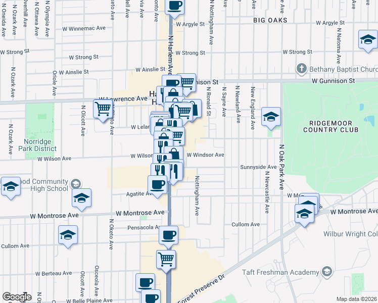 map of restaurants, bars, coffee shops, grocery stores, and more near 4533 Nottingham Avenue in Norridge