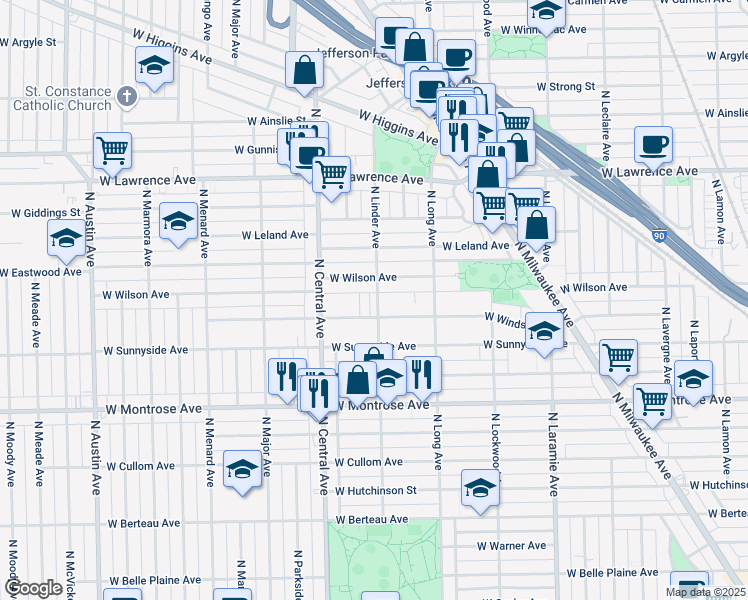 map of restaurants, bars, coffee shops, grocery stores, and more near 4550 North Linder Avenue in Chicago