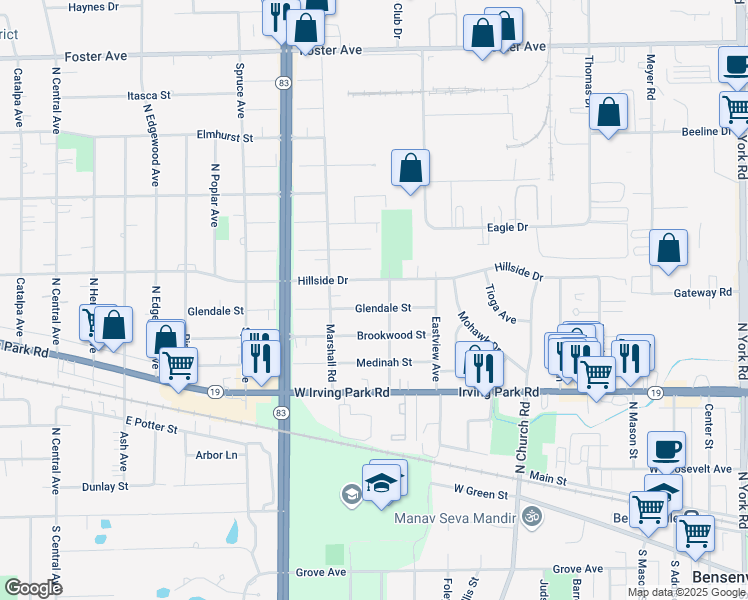 map of restaurants, bars, coffee shops, grocery stores, and more near 1007 Glendale St in Bensenville