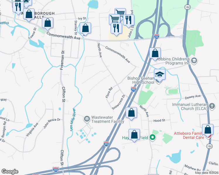 map of restaurants, bars, coffee shops, grocery stores, and more near 15 Flora Road in Attleboro