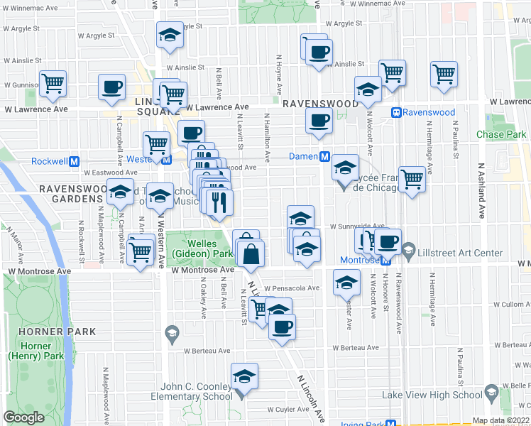 map of restaurants, bars, coffee shops, grocery stores, and more near 2147 West Windsor Avenue in Chicago