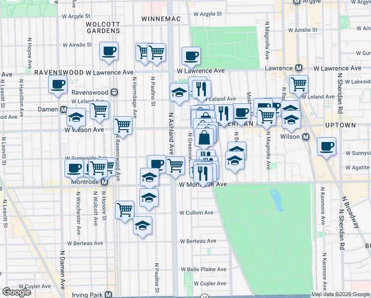 map of restaurants, bars, coffee shops, grocery stores, and more near 4517 North Greenview Avenue in Chicago