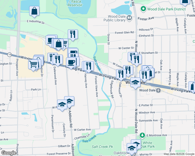 map of restaurants, bars, coffee shops, grocery stores, and more near 230 Forest View Avenue in Wood Dale
