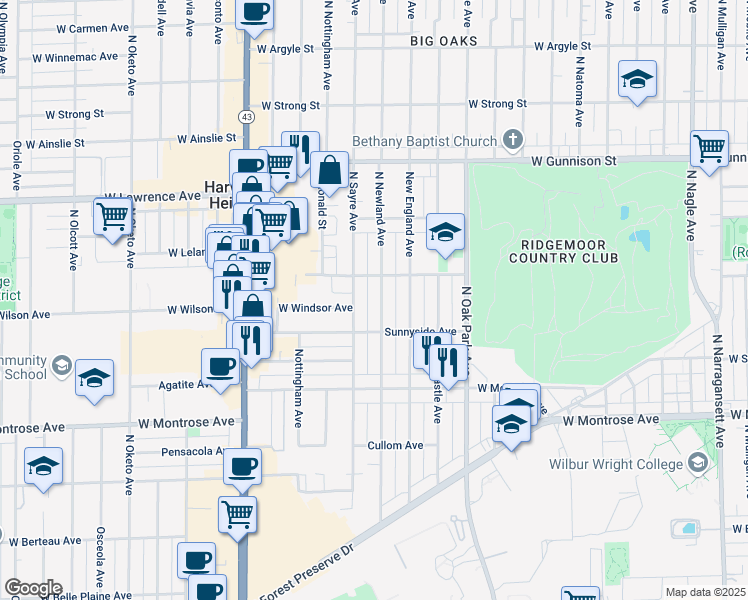 map of restaurants, bars, coffee shops, grocery stores, and more near 4539 North Newland Avenue in Harwood Heights