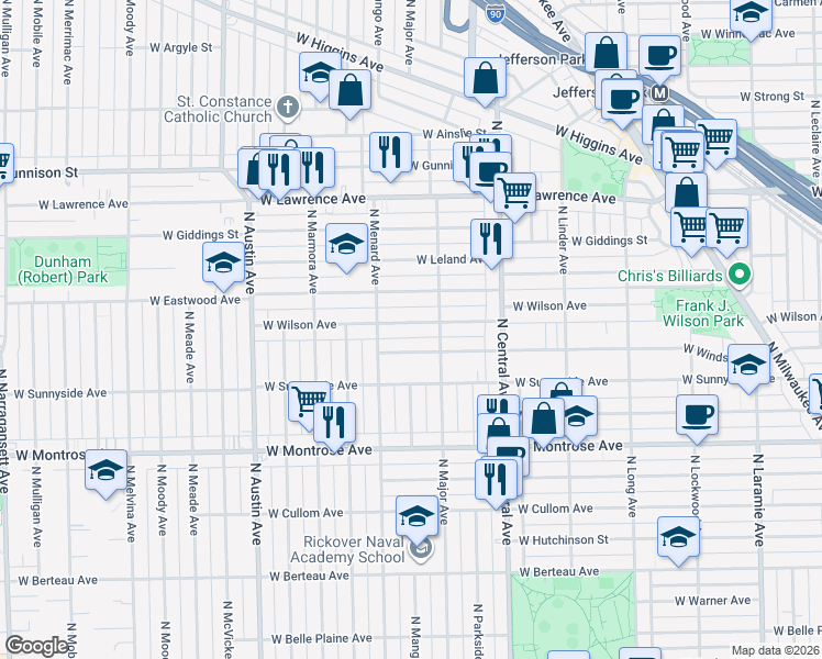map of restaurants, bars, coffee shops, grocery stores, and more near 5727 West Wilson Avenue in Chicago