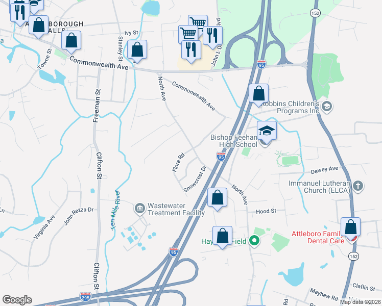map of restaurants, bars, coffee shops, grocery stores, and more near 66 Norgate Road in Attleboro
