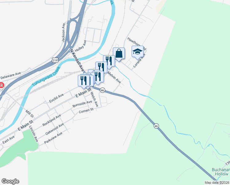 map of restaurants, bars, coffee shops, grocery stores, and more near 55-73 S Kendall Ave in Bradford