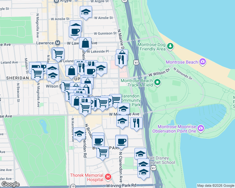 map of restaurants, bars, coffee shops, grocery stores, and more near 4520 North Clarendon Avenue in Chicago