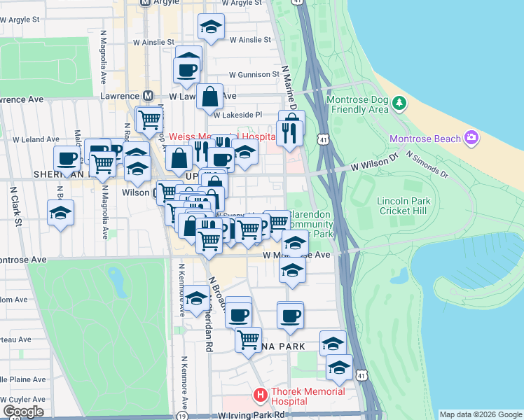 map of restaurants, bars, coffee shops, grocery stores, and more near 820 West Sunnyside Avenue in Chicago