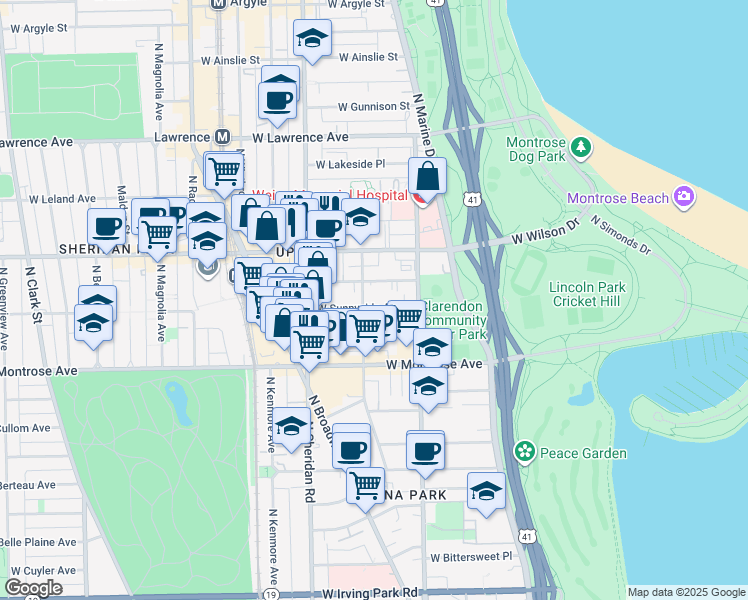 map of restaurants, bars, coffee shops, grocery stores, and more near 4508 North Hazel Street in Chicago