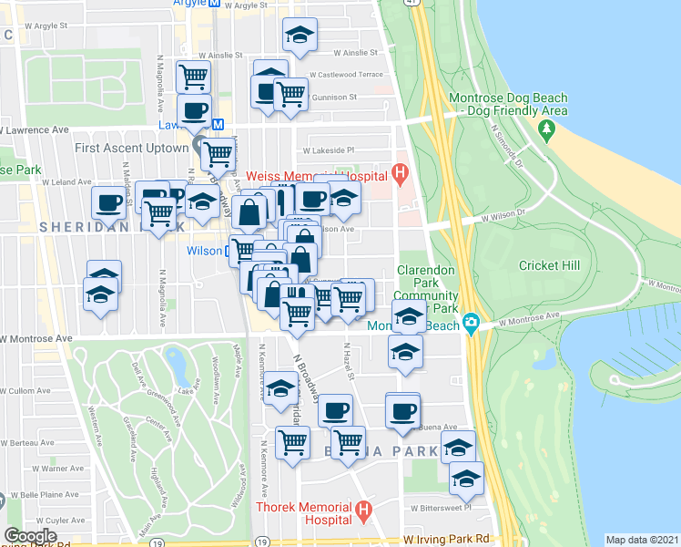 map of restaurants, bars, coffee shops, grocery stores, and more near 4508 North Hazel Street in Chicago