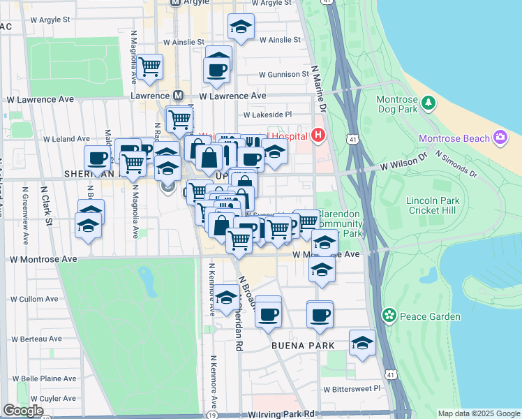 map of restaurants, bars, coffee shops, grocery stores, and more near 936 West Sunnyside Avenue in Chicago