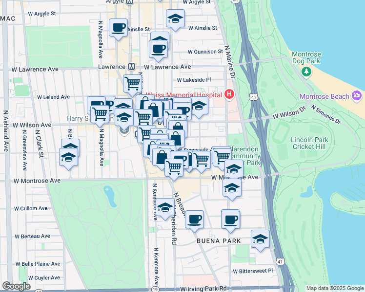 map of restaurants, bars, coffee shops, grocery stores, and more near 4513 North Sheridan Road in Chicago