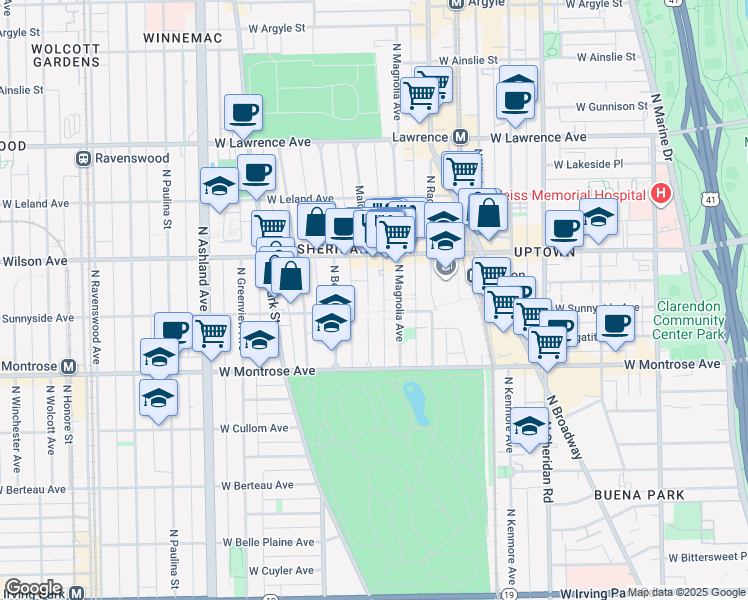 map of restaurants, bars, coffee shops, grocery stores, and more near 4510 North Magnolia Avenue in Chicago