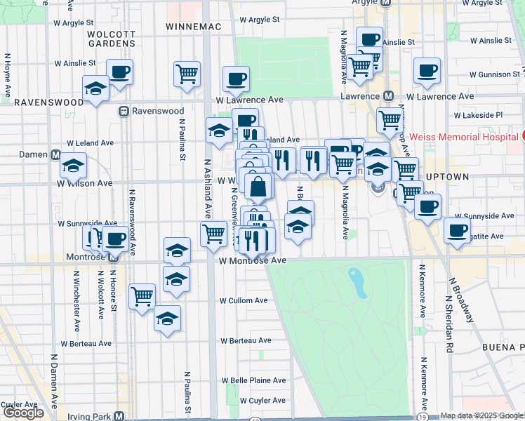 map of restaurants, bars, coffee shops, grocery stores, and more near 4515 North Clark Street in Chicago
