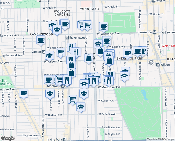 map of restaurants, bars, coffee shops, grocery stores, and more near 4517 North Paulina Street in Chicago