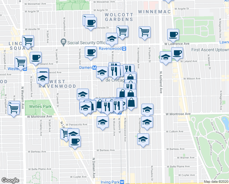 map of restaurants, bars, coffee shops, grocery stores, and more near 4520 North Wolcott Avenue in Chicago