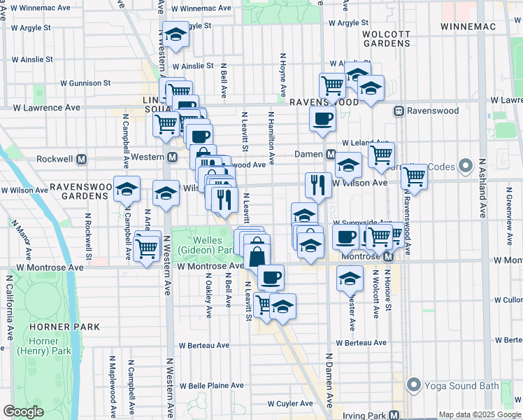 map of restaurants, bars, coffee shops, grocery stores, and more near 2147 West Windsor Avenue in Chicago