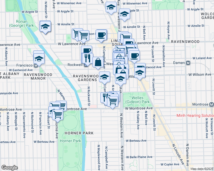 map of restaurants, bars, coffee shops, grocery stores, and more near 4529 North Campbell Avenue in Chicago