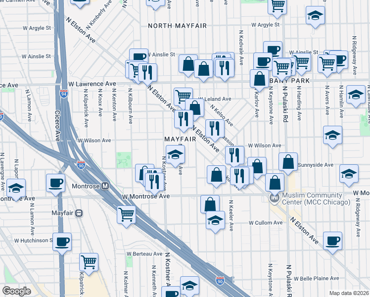 map of restaurants, bars, coffee shops, grocery stores, and more near 4545 North Lowell Avenue in Chicago