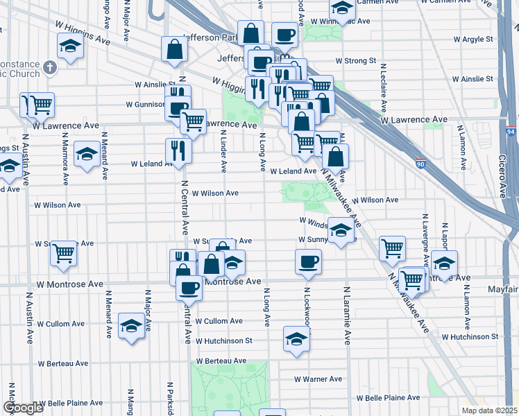 map of restaurants, bars, coffee shops, grocery stores, and more near 5418 West Windsor Avenue in Chicago