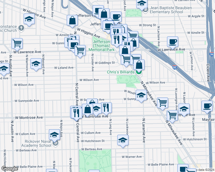 map of restaurants, bars, coffee shops, grocery stores, and more near 5418 West Windsor Avenue in Chicago