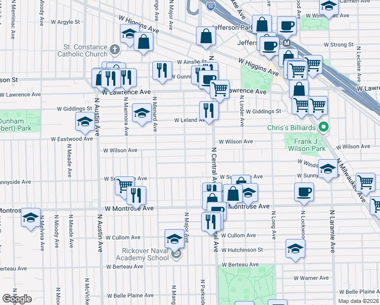 map of restaurants, bars, coffee shops, grocery stores, and more near 5655 West Wilson Avenue in Chicago