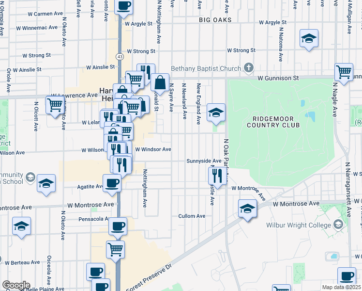 map of restaurants, bars, coffee shops, grocery stores, and more near 4539 North Newland Avenue in Harwood Heights