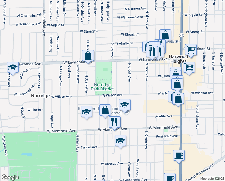 map of restaurants, bars, coffee shops, grocery stores, and more near 4608 North Oriole Avenue in Norridge