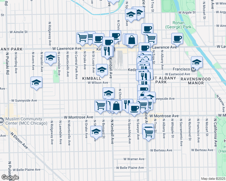 map of restaurants, bars, coffee shops, grocery stores, and more near 4531 North Kimball Avenue in Chicago