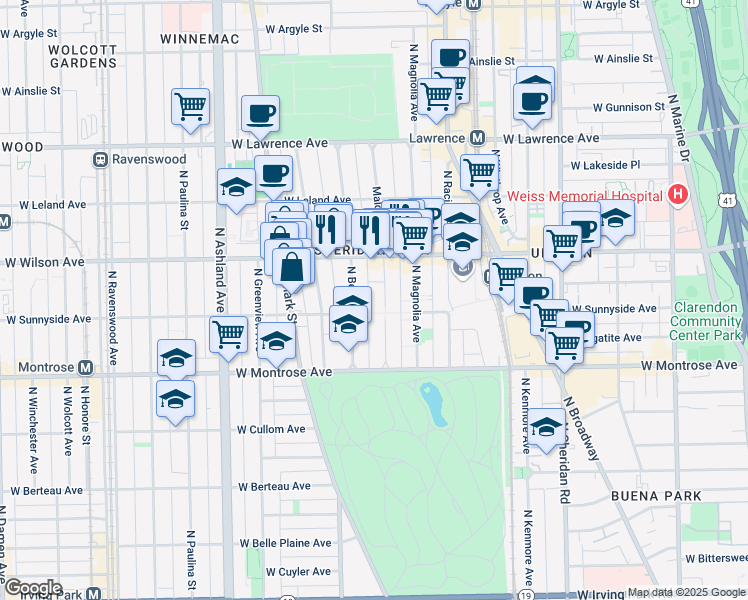 map of restaurants, bars, coffee shops, grocery stores, and more near 4512 North Malden Street in Chicago