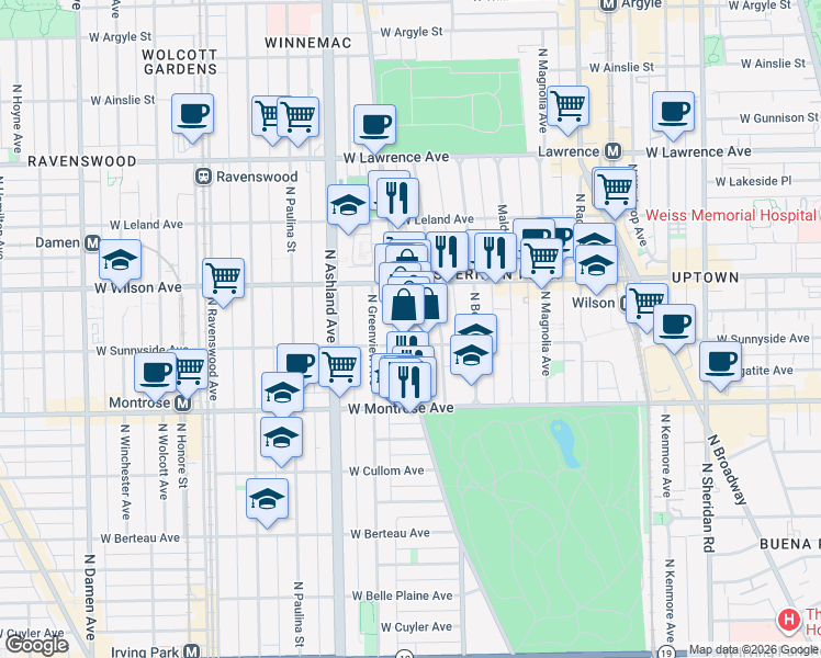 map of restaurants, bars, coffee shops, grocery stores, and more near 4515 North Clark Street in Chicago