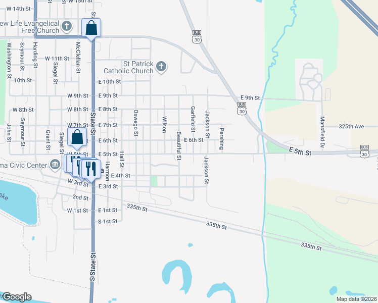 map of restaurants, bars, coffee shops, grocery stores, and more near 500-598 Garfield Street in Tama