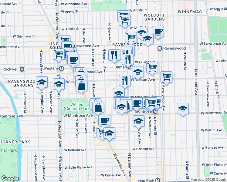 map of restaurants, bars, coffee shops, grocery stores, and more near 4520 North Seeley Avenue in Chicago