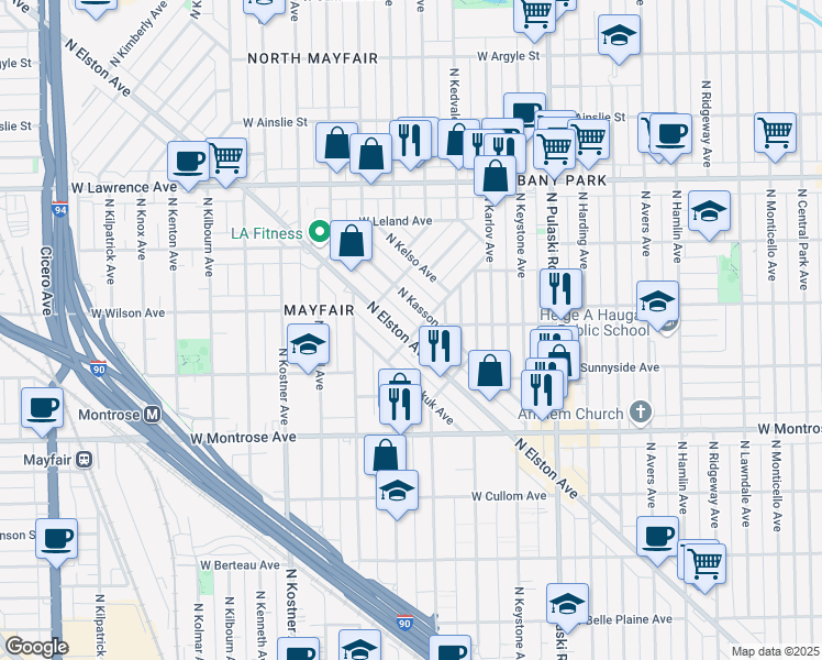 map of restaurants, bars, coffee shops, grocery stores, and more near 4555 North Elston Avenue in Chicago