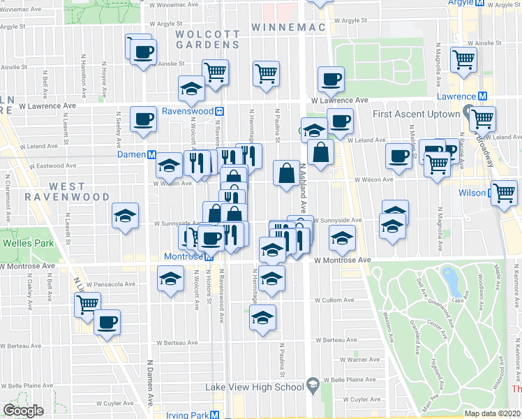 map of restaurants, bars, coffee shops, grocery stores, and more near 4517 North Hermitage Avenue in Chicago