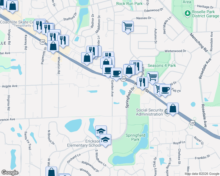 map of restaurants, bars, coffee shops, grocery stores, and more near 6N160 Garden Avenue in Roselle