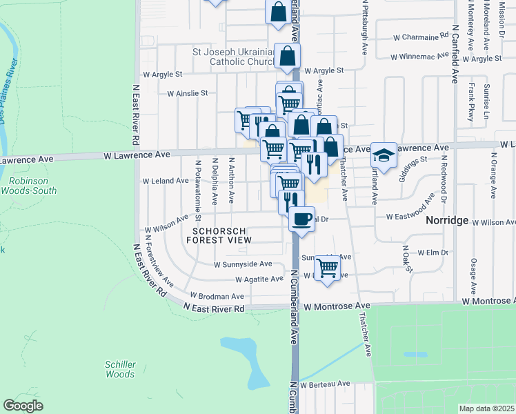 map of restaurants, bars, coffee shops, grocery stores, and more near 8456 West Wilson Avenue in Chicago
