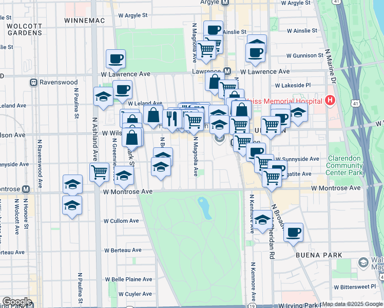 map of restaurants, bars, coffee shops, grocery stores, and more near 4510 North Magnolia Avenue in Chicago