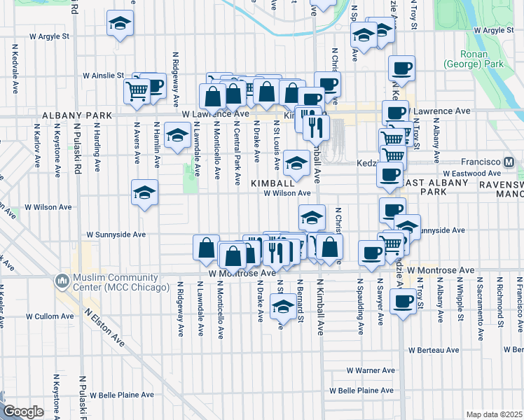 map of restaurants, bars, coffee shops, grocery stores, and more near 4533 North Drake Avenue in Chicago