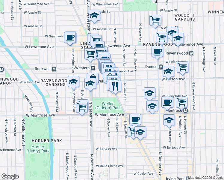 map of restaurants, bars, coffee shops, grocery stores, and more near 4530 North Lincoln Avenue in Chicago